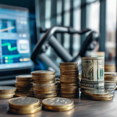 Stacks of coins with gym equipment in the background