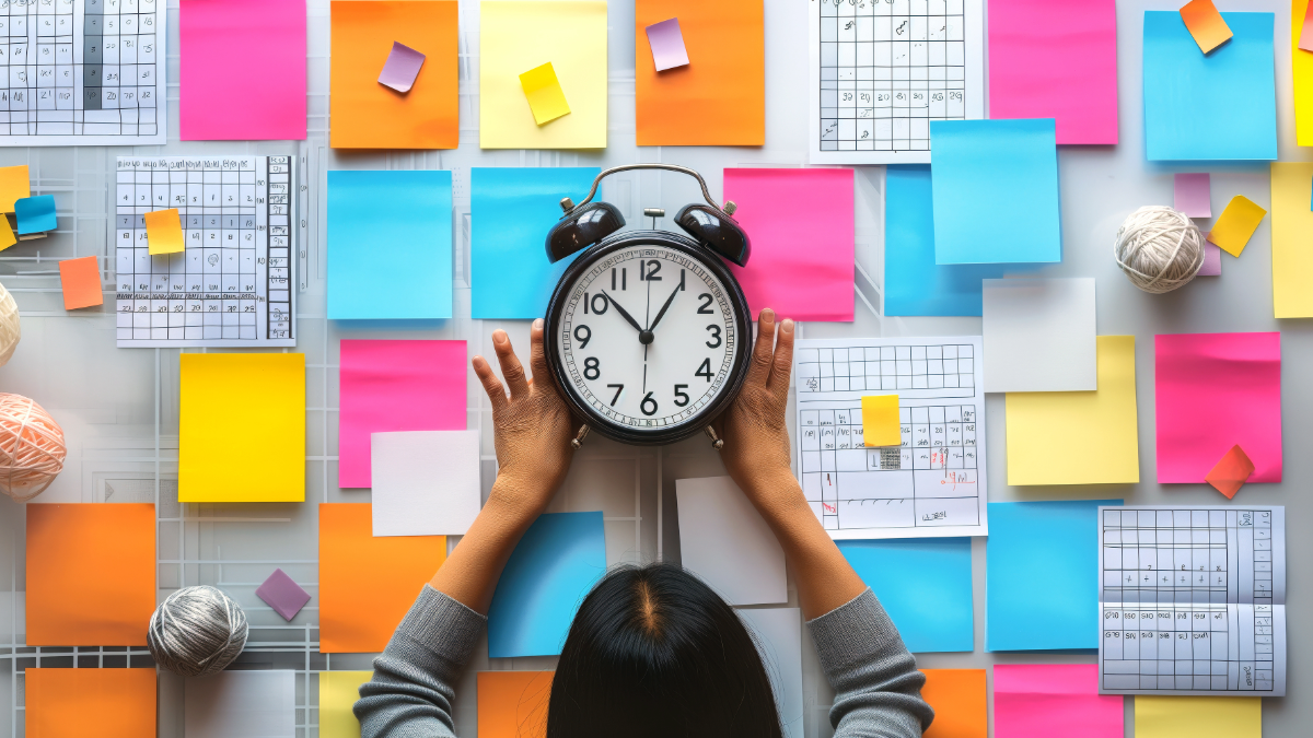 Overhead image of a woman thinking about all the things she needs to do - she's holding a clock and is surrounded by sticky notes with tasks - considering her time management needs